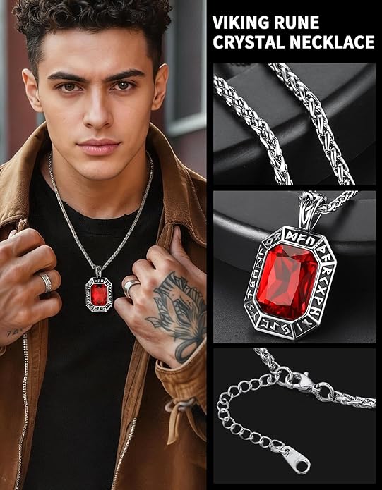 ChainsHouse Viking Rune Pendant Necklace for Men Women, Punk Biker Black Metal/316L Stainless Steel Onyx Norse Vintage Amulet Necklaces with Black/Red/Green/Blue Gemstone, Send Gift Box