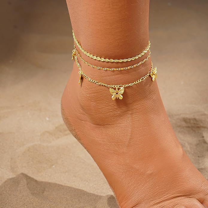 Gold Ankle Bracelets for women,14k Gold/Silver Plated Waterproof Layered lightweight Cuban Link Figaro Chain Heart anklet butterfly anklet Pearl Ankle Bracelets Set Gold Anklets for women Trendy Jewelry Gift for Women