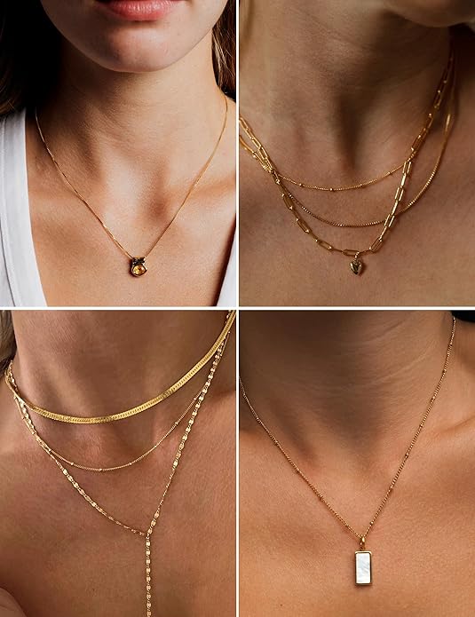 AILPIWE Layered Gold Necklaces for Women, 18K Gold Plated Dainty Paperclip Box Cuban Satellite Chain Necklace Set, Simple Gold Necklace Stack for Women