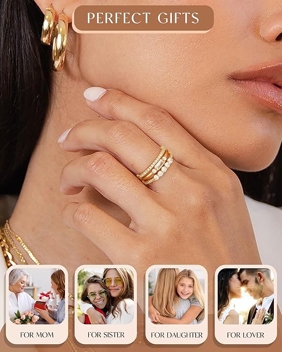 FUNEIA Stackable Silver Gold Rings for Women Non Tarnish 14K Gold Plated Thumb Cubic Zirconia Rings for Women Dainty Pinky Promise Wedding Ring Set Women's Engagement Eternity Band Rings Gold Jewelry