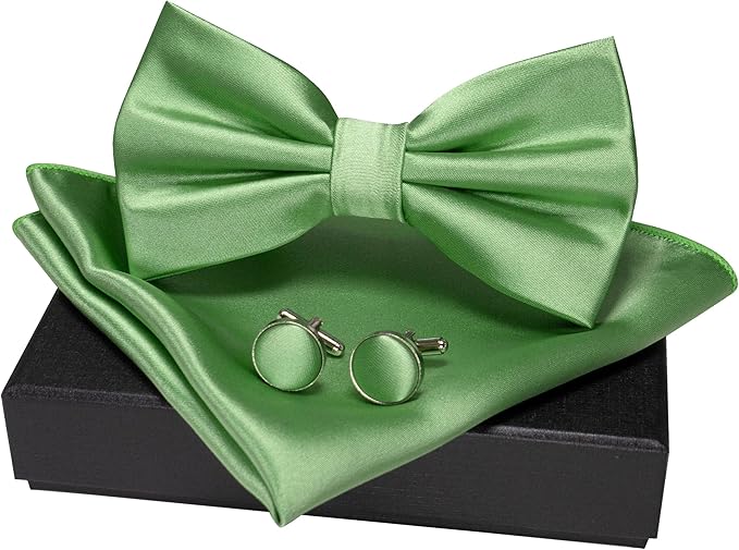 JEMYGINS Solid Color mens Pre-tied Bow Tie and Pocket Square Cufflinks Sets with Gift Box