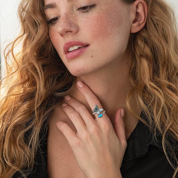 S925-Sterling-Silver Abalone Dragonfly-Turquoise Spoon Ring - Vintage Boho Sunflower Thumb Oxidized Wrap Rings Victorian Style Antique Floral Jewelry Gifts for Women