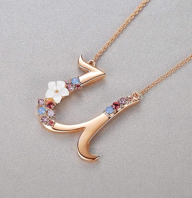 Flower Initial Letter Necklace Pink Red Blue Simulated Pearl Pendant Name Jewelry Made with Austrian Crystals Rose Gold Plated Anniversary Birthday Gifts for Women,18"+2"