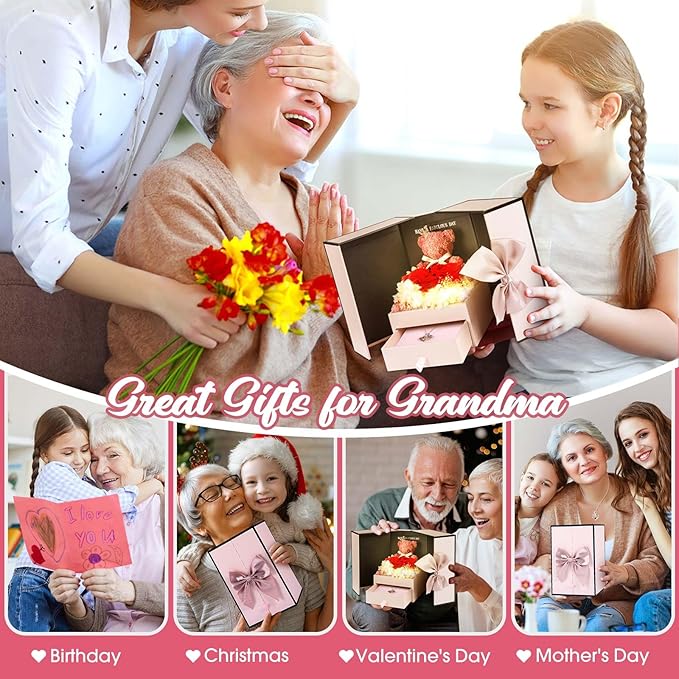 ADDWel Great Gifts for Grandma, Preserved Real Roses with I Love You 100 Languags Grandma Silver Necklace, Cute Bear and Eternal Roses for Grandmother Nana Birthday Christmas Valentines Day