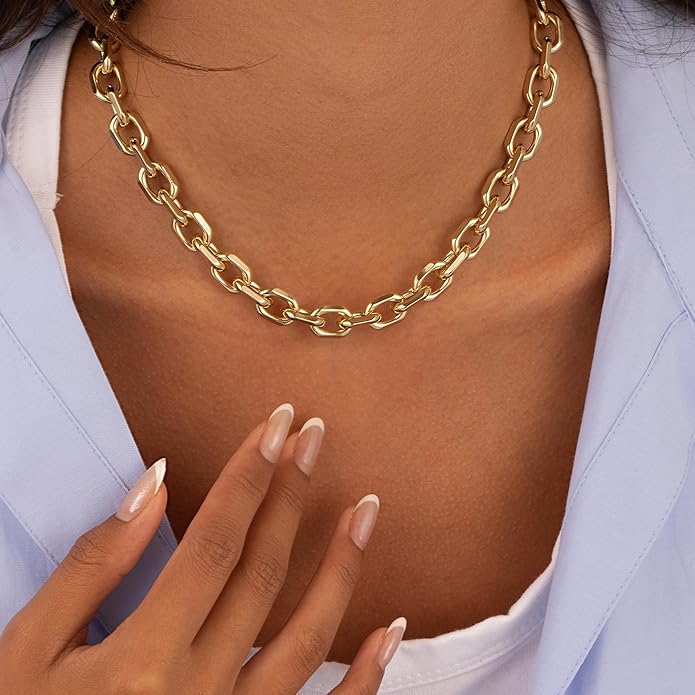 Moodear Layered Necklace for Women Trendy Chunky 14K Gold Plated/Sliver Plated Chain Necklace Cuban Link Paperclip Chain Toggle Clasp Necklace Fashion Jewelry