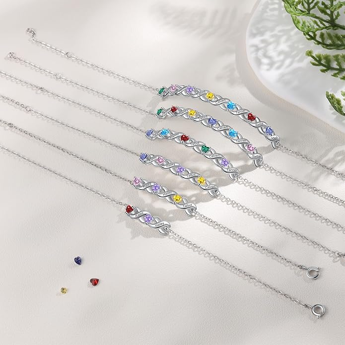 Personalized Custom Name Heart Bracelet with 1-6 Birthstone Bracelets for Women Engraved Family Names Link Bracelets for Mother's Day Mom Daughter