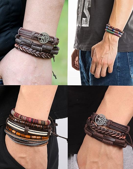 Tornito 15Pcs Braided Leather Bracelet Boho Cuff Wrap String Wood Bead Woven Ethnic Stretch Wristbands Bracelets Set for Men Women Size Adjustable