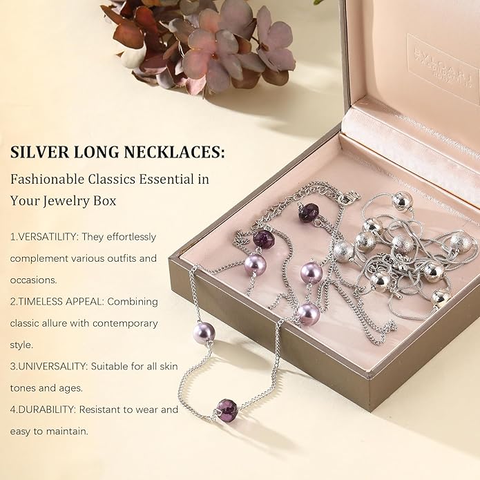 Silver Layered Long Necklace for Women Pearl Crystal Sweater Strand Chain Necklaces Fashion Gifts