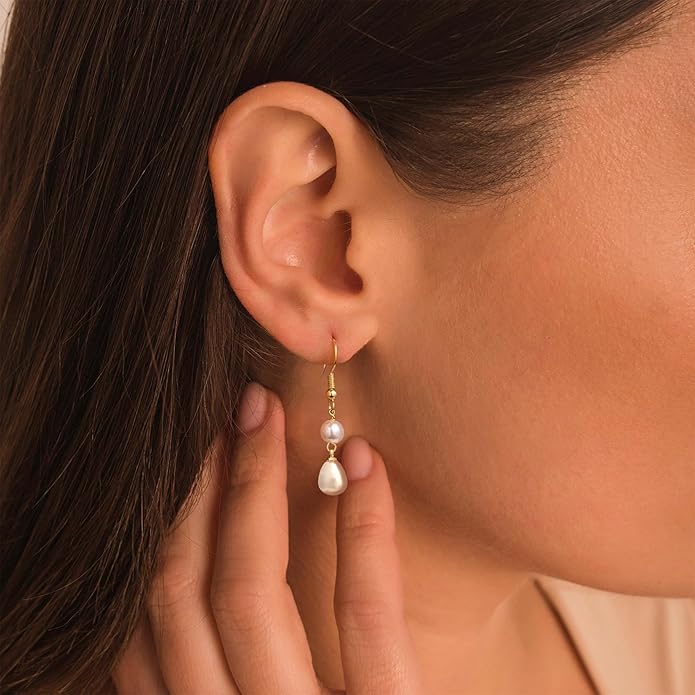 Moodear Dainty Pearl Dangle Earrings for Women - Trendy 14K Gold Plated Pearl Hypoallergenic Drop Earring Wedding Jewelry Gift