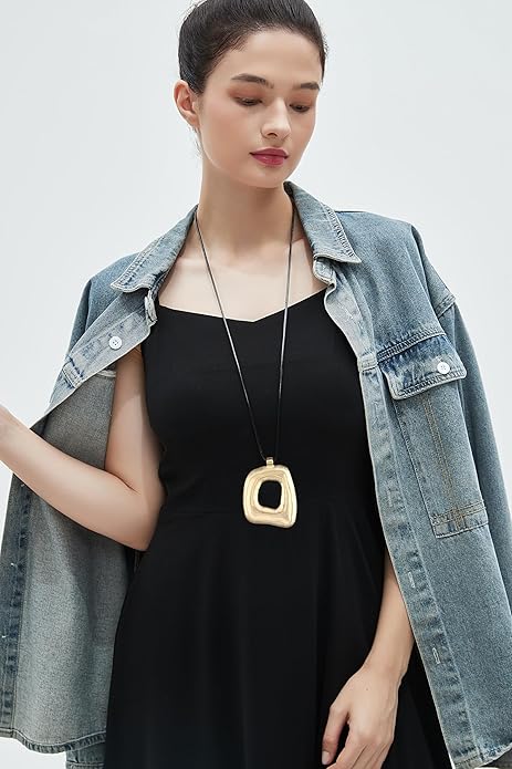 Long Boho Necklaces for Women Vintage Leather Wooden Pendant Y Choker Ethnic Style Gold Circle Hippie Sweater Necklace