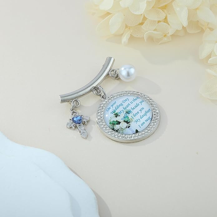 Wedding Bridal Pin, Something Blue Silver Crystal Brooch with Blue Heart Charm, Pearl Accent and Sentimental Message for Mother of Bride Gift