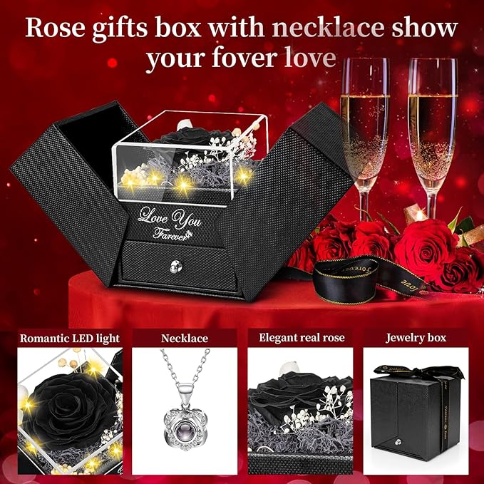 Preserved Black Real Rose-Eternal Flowers Rose Birthday Gifts for Her Mom Wife Girlfriend Grandma on Valentines Mothers Day Christmas Anniversary Romantic with Heart I Love You Necklace- Black