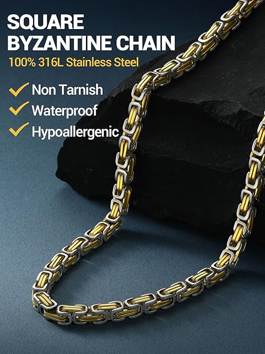 PROSTEEL 4MM/6MM/8MM Stainless Steel Necklace for Men Women, Stylish and Cool, Byzantine Chain Black Gold Silver Tone, 18-30 Inches, Come Gift Box