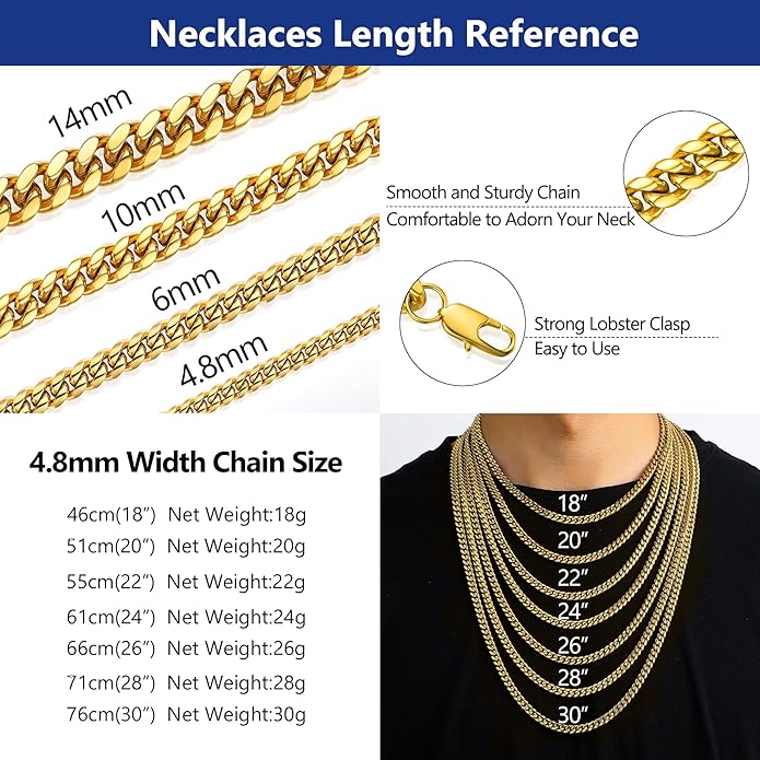 PROSTEEL 316L Stainless Steel Figaro Cuban Chain Necklace for Men, Black/18K Real Gold Plated, 4/5/6/7.5/9/10/13mm, 14inch-30inch, Come with Box