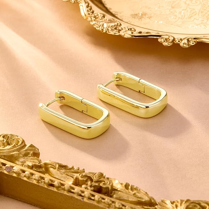 925 Sterling Silver Hoop Earrings for Women Small Square Hypoallergenic 14K Gold Plated Hoop Earrings Geometric Minimalist Rectangle Hoops