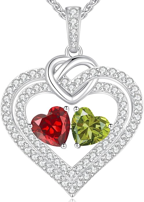LOUISA SECRET Sparkling Double Heart Birthstone Necklaces for Women, 925 Sterling Silver Fine Jewelry, Pendant Heart Necklaces Birthday Anniversary Christmas Gift for Women Wife Mom Girlfriend Lady