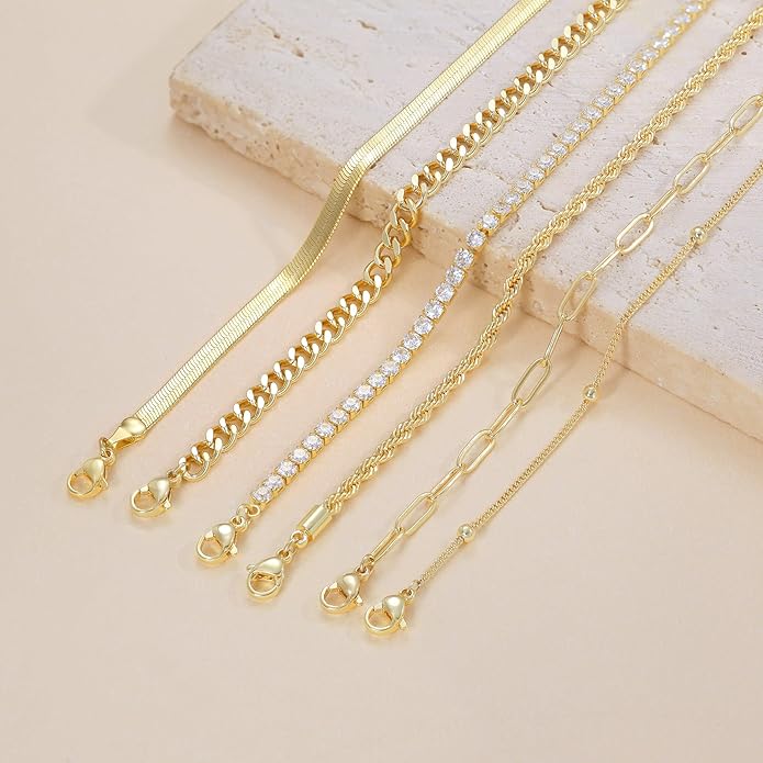 DEARMAY 14K Gold Plated Ankle Bracelets for Women Waterproof - Dainty 6Pcs Anklets Layered Cuban Link Chain Herringbone Cute Anklets Set Pack Summer Beach Jewelry Gift for Women Teen