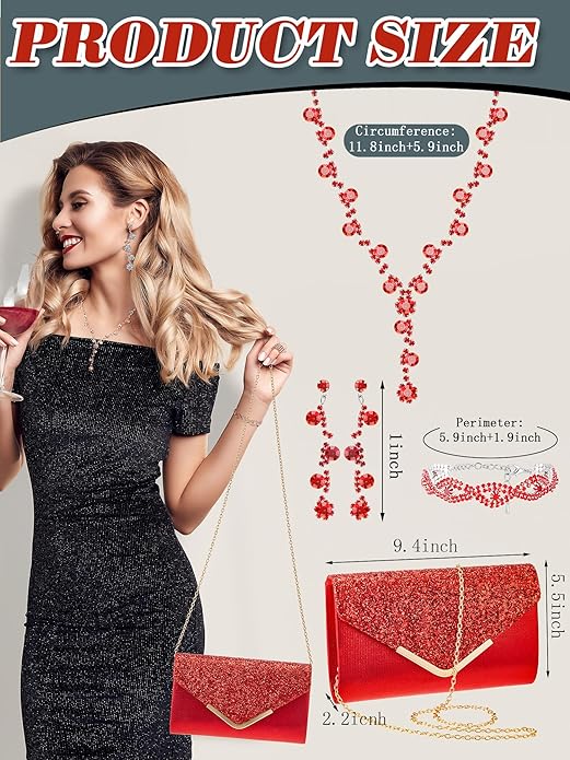 Henoyso 5 Pcs Purse Rhinestone Jewelry Set Prom Jewelry Rhinestone Clutch Purse Necklace Earrings Bracelets for Women Bride