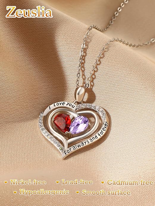 Zeuslia Double Birthstone Necklace Gifts for Wife - 925 Sterling Silver Sunflower/Rose/Crown Cross/Compass/Heart Pendant I Love You Necklace, Anniversary Birthday Gifts for Wife Girlfriend Mom Her