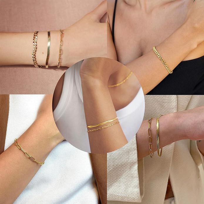 Gold Bracelets for Women Non Tainish,Dainty Bracelets Stack for Women Trendy, Gold Plated Cuff Bracelets Stack With Beaded Cuban Paperclip Snake Rope Bangle Hand Chain Jewelry Gifts for Women
