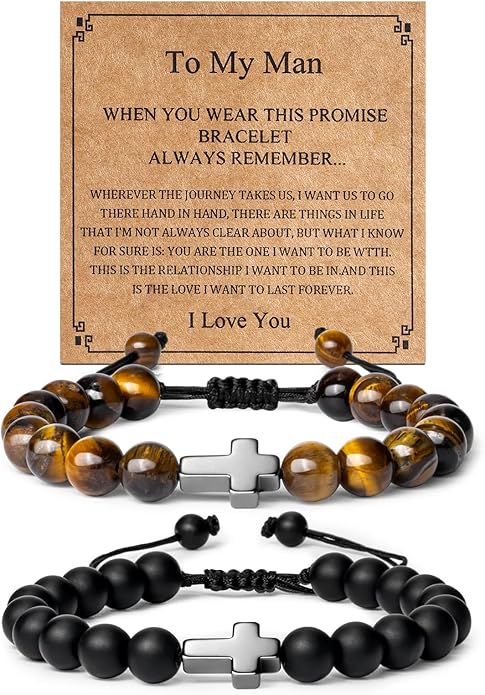 Romass 2Pcs Cross Bracelet for Men,Tiger Eye Beaded Bracelets 8MM Natural Stone Adjustable Jewelry Christian Easter Christmas Gifts Box