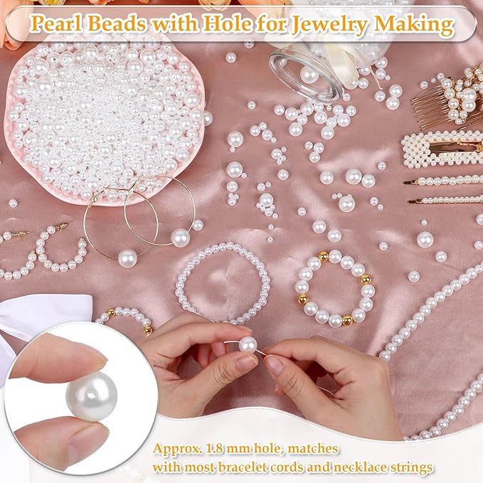 Anezus 2205Pcs White Pearls for Craft, Assorted Sizes Fake Pearl Beads, Sew on Pearls, Bulk Loose Pearl Beads with Holes for Jewelry Making, Bracelets, Necklaces, Hairs, Decoration, Vase Filler