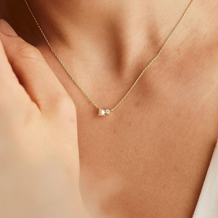 Pearl Necklace for Women Trendy,14k Gold Plated Necklace Dainty Wedding Necklace Small Cute Choker Necklace Beaded Lariat Drop Necklace Vintage Waterproof Jewelry for Women Gold Jewelry Fashion Gifts