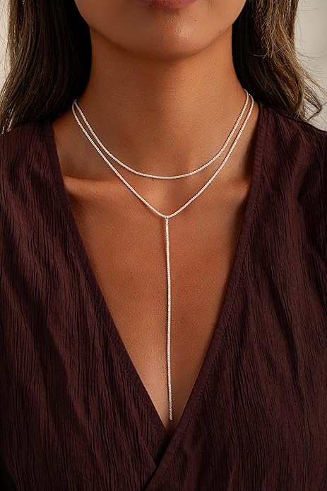 Gold and Silver Plated Layered Long Necklace for Women, Statement Y Body Chain, Sexy Dangle Drop Beach Boho Bolo Cleavage Necklace for Vacation or Prom