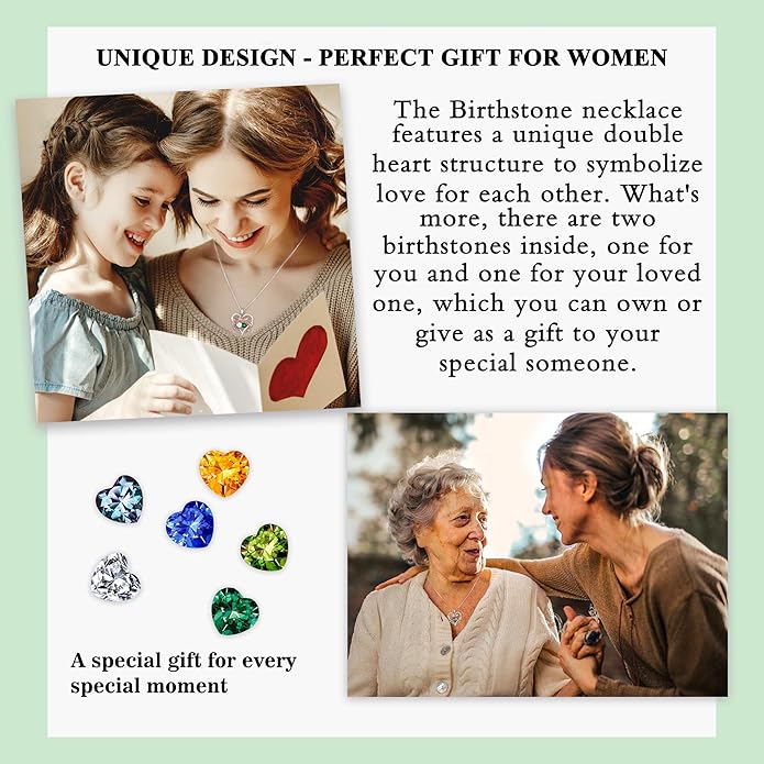 Iefil Rose Heart Double Birthstone Necklace Gifts for Wife Her Mom Women, Birthstone Jewelry Gemstone Birthday Gifts for Girlfriend Grandma Her Wife Women