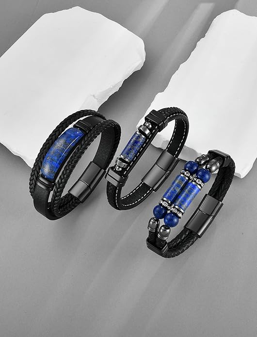 Lapis Lazuli Bracelets for Men Leather Black Bracelet