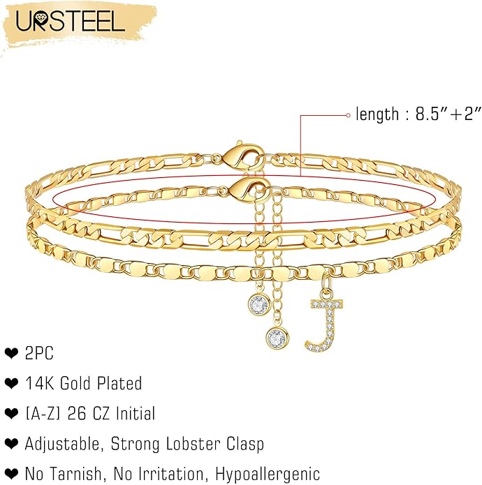 Ursteel Ankle Bracelets for Women, 14K-Gold-Plated Dainty Layered Chain CZ Initial Anklets Set Summer Jewelry Gifts for Women