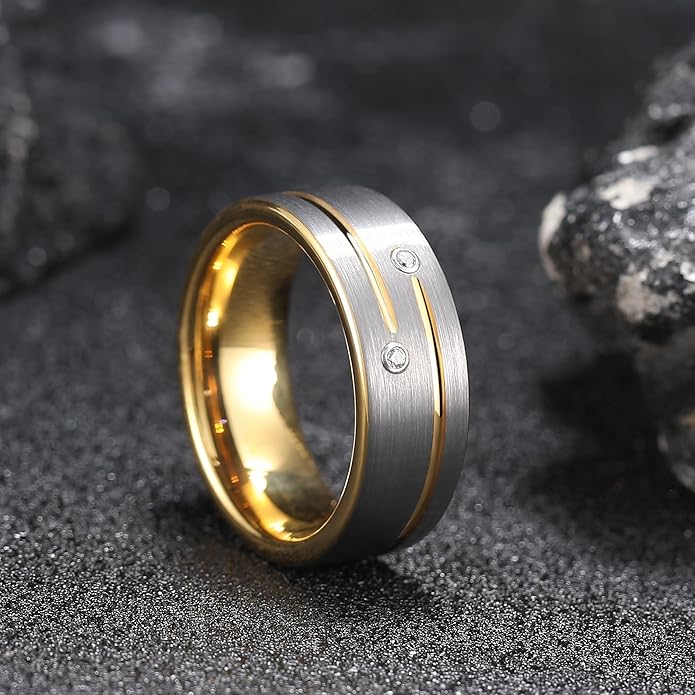 King Will Mens Tungsten Wedding Band with Cubic Zircon Inlay 7mm/8mm Flat Cut Comfort Fit Engagement Rings