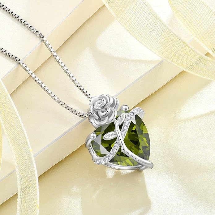 Birthstone Necklace for Women 925 Sterling Silver Love Heart Rose Flower Necklace Dainty Jewelry Gifts for Women Wife Girlfriend Mother Daughter Her