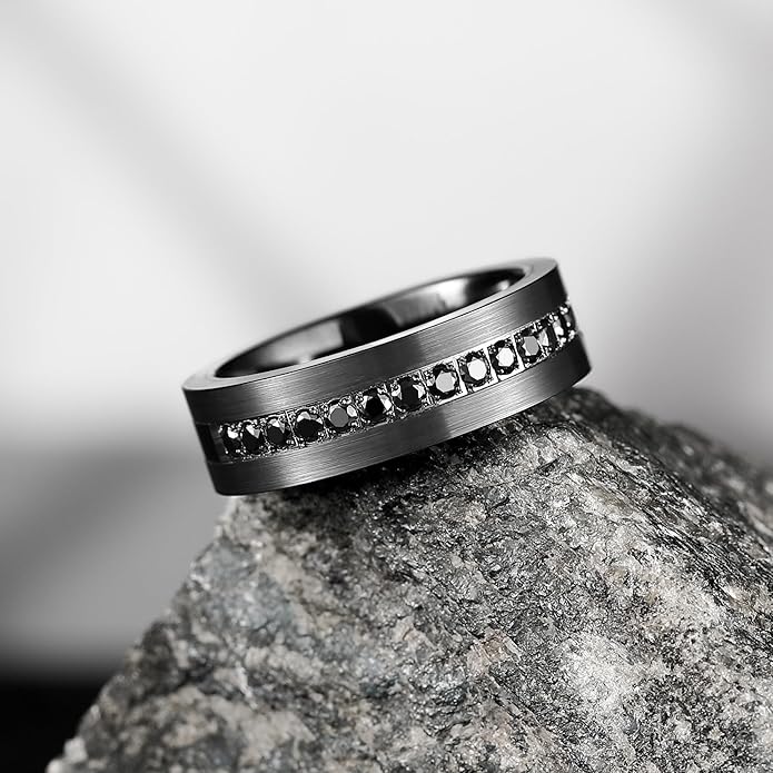 King Will Mens Tungsten Wedding Band with Cubic Zircon Inlay 7mm/8mm Flat Cut Comfort Fit Engagement Rings