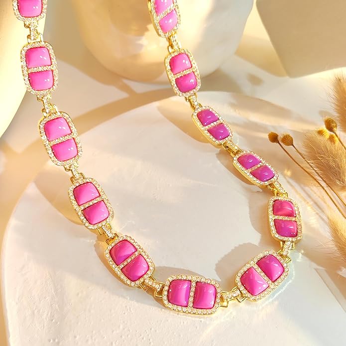 Chunky Necklace for Women 12 Colors Diamond Stone Gold Statement Necklace for Women Full Trendy Blue Birthstone Choker Necklace for Women Square Design Necklace Jewelry