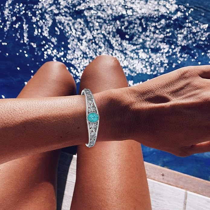Genuine Turquoise Vintage Sunflower Bracelet Bangle, Sterling Silver Boho Adjustable Bangle Cuff Native American Jewelry for Women, Fit for 6.5 7 7.5 Inches