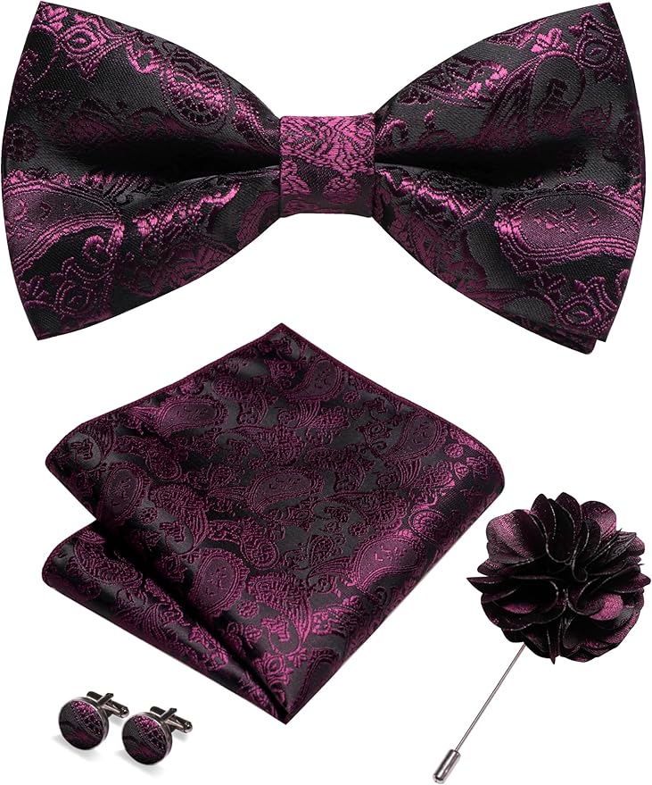 JEMYGINS Paisley Pre-tied Bow Tie and Pocket Square Cufflinks Lapel Pin Sets for Men 4PCS