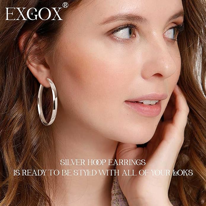 EXGOX 5mm Wide Gold Hoop Earrings for Women,Sterling Silver Hoop Earrings Large Silver Hoop Earrings Hypoallergenic Lightweight 14K Real Gold Plated Big Hoop Earrings for Women 30/40/50/60/70mm