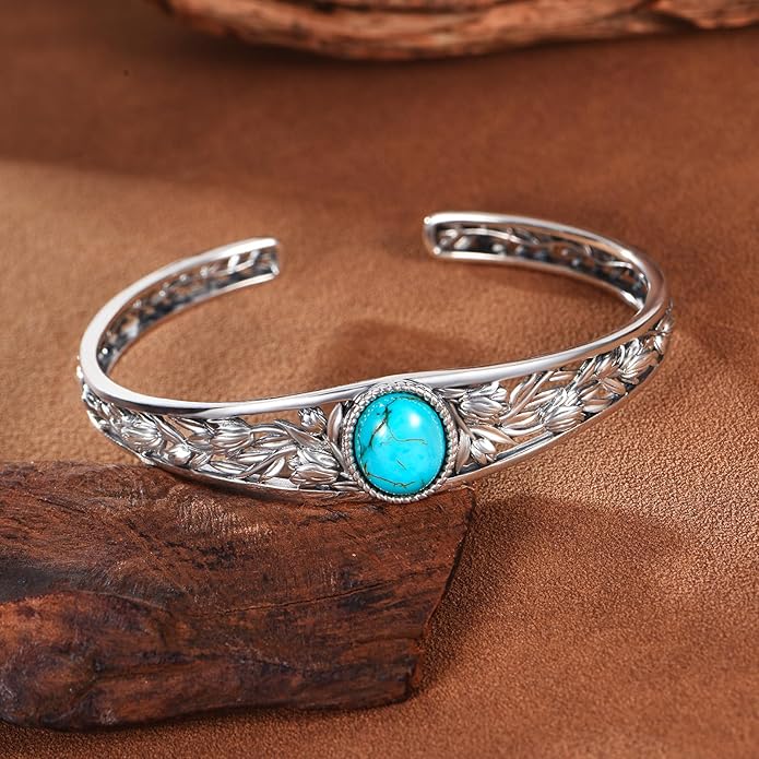 Christmas Jewelry Gift for Women-Genuine Turquoise Cuff Bracelet, Sterling Silver Western Vintage Floral Bangle Native American Jewelry, For 6.5-7.5 Inch Wrists