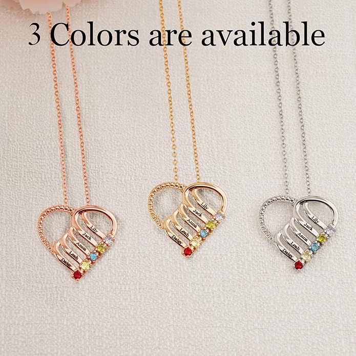Easycosy Custom Name Necklace with Simulated Birthstones Customized Promise Necklace Heart Pendant with Engraved 2-6 Names - Anniversary Birthday Christmas Jewelry Gifts for Women Wife Mom Grandma