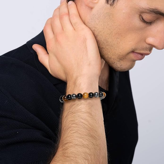 RANKEEF Mens Bead Bracelet Set - Adjustable Elastic Rope With 6&8MM Natural Stone Multi-Colored Beads - Tiger Eye Bracelets for Men - Gift