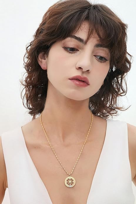 CANEVINKA 18K Gold Plate Coin Pendant Necklace for Women Dainty Compass Sunflower Necklaces Personalized Chain Layered Jewelry