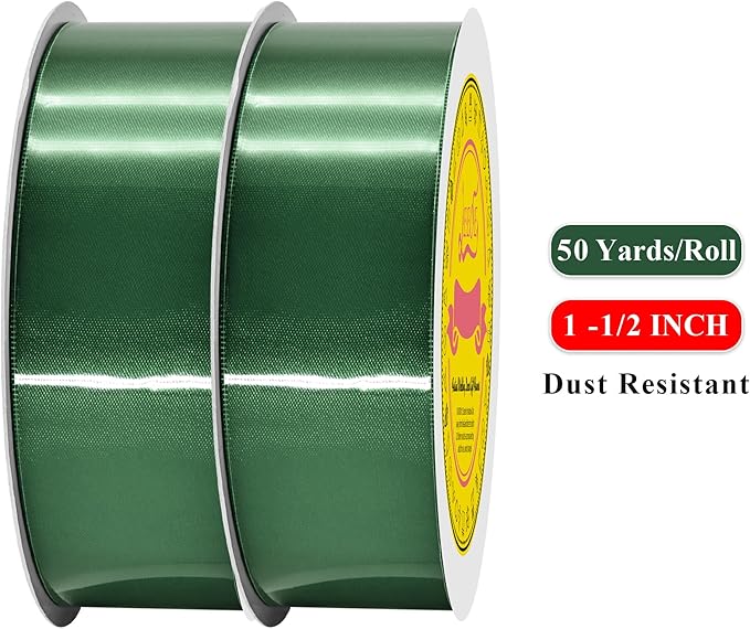 LEEQE 100 Yards Forest Green Satin Ribbon Polyester Ribbon for Gift Wrapping Very Suitable for Weddings Party Hair Bow Invitation Decorations and More（1-1/2 inch X 50Yards X 2 Roll）