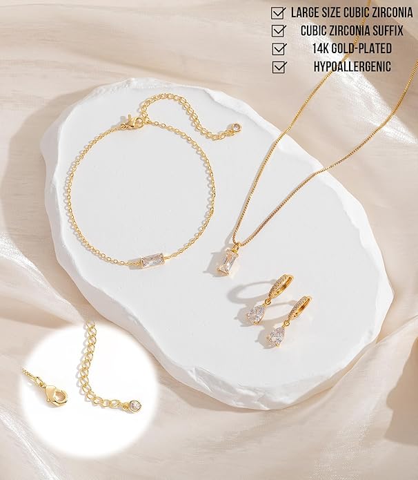 Birthstone 14K Gold Plated Bracelets Earrings Necklaces Jewelry Set， Blue Green May Cubic Zirconia，Friendship Bracelets Jewelry Gifts for Mom Best Friend Birthday