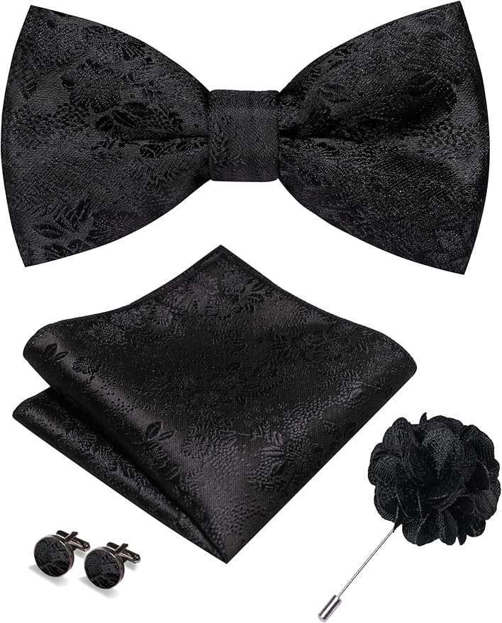 JEMYGINS Floral Pre-tied Bow Tie and Pocket Square Cufflinks Lapel Pin Sets for Men 4PCS