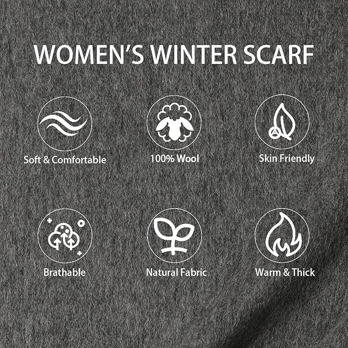 WASALUYA Wool Scarf for Women & Men, 100% Wool Scarves Wrap Shawl with Tassels, Elegant Soft Winter Scarf for Fall and Winter