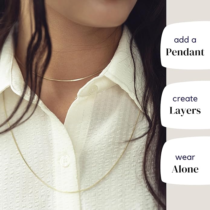 KISPER Italian 18K Gold Plated 925 Sterling Silver Diamond Cut Box Link Chain Necklace – for Women & Men with Spring Ring Clasp – Made in Italy