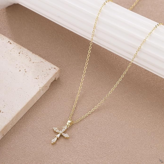 VIROMY Gold Cross Necklace for Women - Dainty Diamond Cross Pendant Necklaces Non Tarnish Waterproof Necklace Simple Choker Minimalist Jewelry