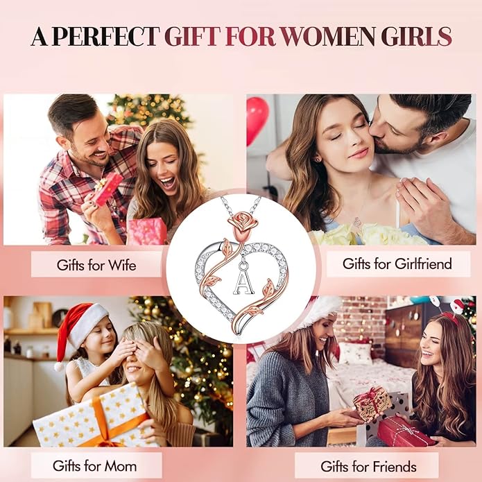 Rose Heart Initial Necklace Gifts for Women Girls, Letter Pendant Necklaces for Women Jewelry Anniversary Birthday Gifts for Her Wife Girlfriend Teen Girls