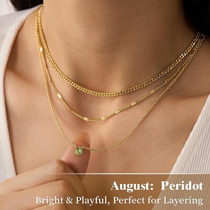 WomenGifts Layered Gold Necklaces for Women, 14K Gold Sterling Silver Plated Dainty Pendant Necklace Set with Cubic Zirconia Circle, Chunky Stackable Cuban Chain Choker, Trendy Personalized Birthstone Jewelry Gift Non Tarnish